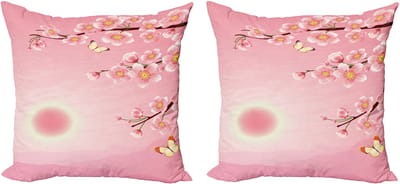 ABAKUHAUS Decoratieve kussenhoes met landschapsmotief, 2 stuks, natuurlijke bloesemboom, 40x40 cm, geelroze