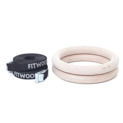 FitWood Gymnastiek Ringen Zwarte banden Glanzend wit – Houten Turnringen met Verstelbare Banden (5m) – Voor Optrekken, Dips & Calisthenics – Belastbaar tot 150 kg – Wit of Onbehandeld Hout
