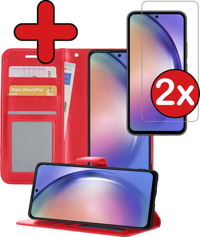 Hoesje - Met 2x Screenprotector - Geschikt voor Samsung Galaxy A54 - Luxe Pasjeshouder - Flip Case - Bookcase Portemonee - Kunstleer Book Case - Flipcase Hoes - Book Cover - Walletcase - Portemonneehoes - Telefoonhoes - Rood