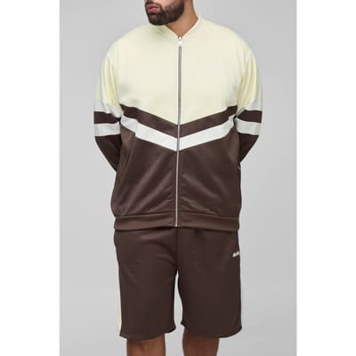 Plus Men's Tricot Colour Block Trekkraag Jas & Oversized Korte Set | Brown | Size 2XL