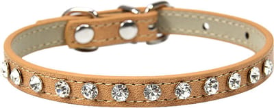 Katten -Halsbandje strass - Bling-Bling - Leder - Khaki - Met kleine zirkonia steentjes (vast genageld) - Instelbaar van 15cm t/m 23cm - LET OP !!! : meet eerst de hals van uw huisdier of dit bandje past !