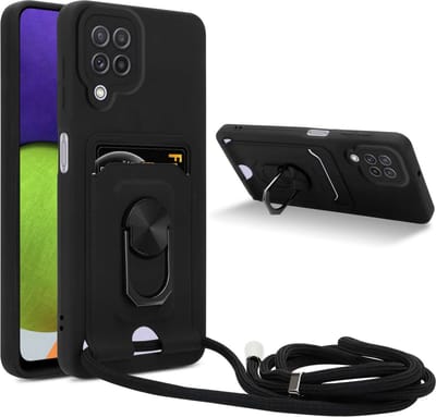 Cadorabo Telefoonketting Hoesje met standfunctie geschikt voor Samsung Galaxy A22 4G / M22 / M32 4G in ZWART - Siliconen beschermhoes met verstelbare koordband
