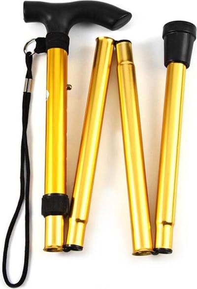 Opvouwbare wandelstok, 5-standen verstelbare hoogte wandelstok lichtgewicht draagbare wandelstok reisstok met polsband en T-handgreep voor oudere gehandicapte mannen vrouwen, verstelbaar 84 - 93 cm, - goud