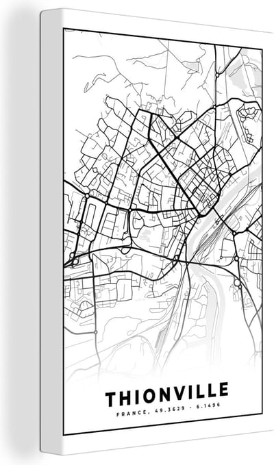 Canvas Schilderij Frankrijk - Thionville - Plattegrond - Stadskaart - Kaart - Zwart wit - 20x30 cm - Wanddecoratie