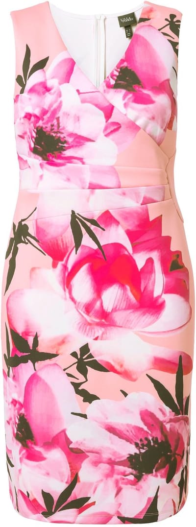 Ulla Popken - Dames - Scuba jurk mouwloos bloemen gedrapeerd - Lichtkoraal - Maat 56