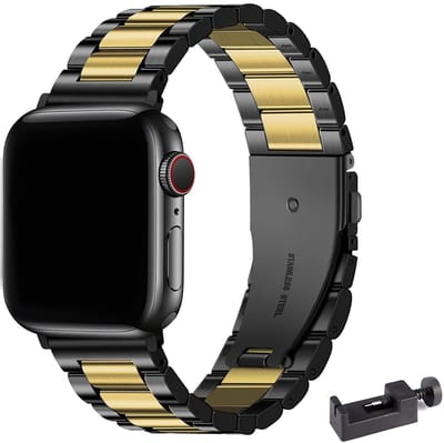 Stravo Stalen bandje - Geschikt voor Apple Watch 42mm (Series 11/10), 41mm (Series 9/8/7), 40mm (Series 6/5/4, SE 1/2/3), 38mm (Series 3/2/1) - RVS Horlogebandje - Zwart/goud