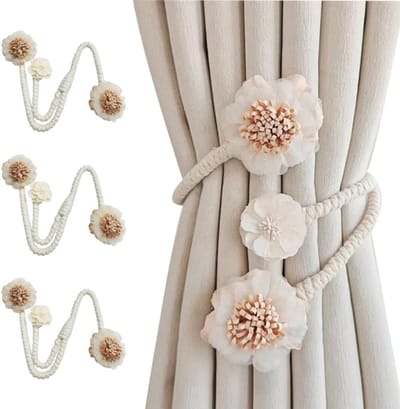 VHV - Gordijnophouders - Embrasses - Gordijn accessoires - Set van 4 - Bloem design - Flexibel - Zonder boren - Voor woonkamer en slaapkamer - Decoratief - Beige