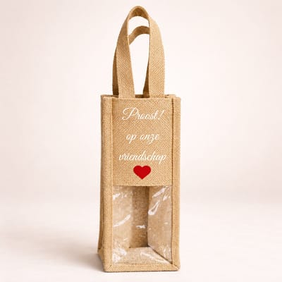 Jute Wijntas – Proost op onze Vriendschap – Cadeautas voor Wijnfles – Herbruikbaar – Cadeau voor Vriendin