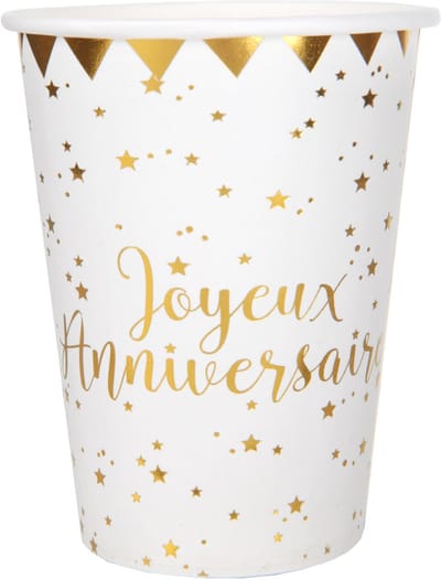 SANTEX - 10 Kartonnen Happy Birthday Bekers Metallic Wit en Goud 7,8 x 9,7 cm Sterren