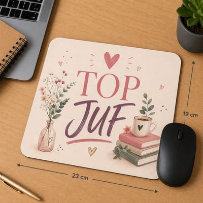 Muismat Top Juf – 23 x 19 cm – Cadeau voor Juf – Juffendag Cadeau – Einde Schooljaar – Bloemen Design