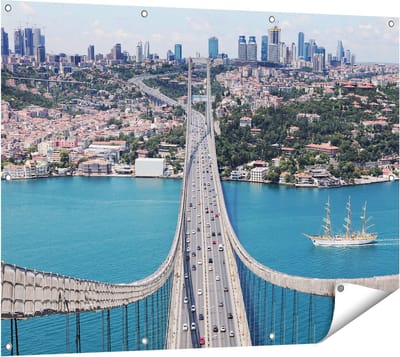 Gards Tuinposter Istanbul Bosporus Brug vanaf Boven - 120x90 cm - Tuindoek - Tuindecoratie - Wanddecoratie buiten - Tuinschilderij