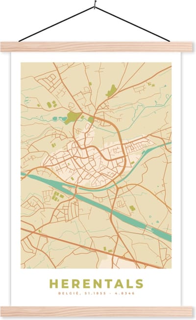 Posterhanger incl. Poster 40x60 cm - Schoolplaat - Herentals - België - Stadskaart - Kaart - Plattegrond - Textielposter - Blanke latten - Stadskaart