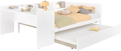 Plat bed - houten bed - 140x200cm - met bureau - met opklapbed - tweepersoonsbed - zonder matras - grenen spaanplaat - wit