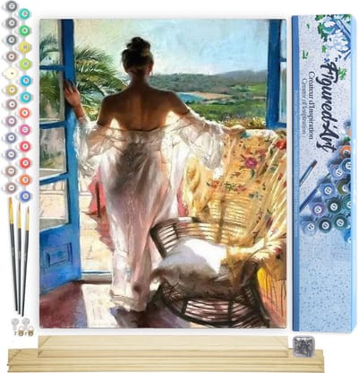Figured'Art Schilderen op Nummer Volwassenen canvas Sexy vrouwen bij het raam - Handwerk acrylverf Kit DIY Compleet - 40x50cm met DIY houten lijst