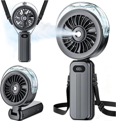 Draagbare handventilator met sproeifunctie - Krachtige, oplaadbare USB-ventilator met sproeifunctie en LED-display, gevoed door een 6000mAh-batterij. Een kleine, opvouwbare tafelventilator, ideaal voor op reis en buitengebruik (zwart).