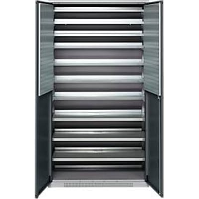 Schäfer Shop Genius tijdschriftenkast FS, 5 OH, afsluitbaar, 10 legborden, 2 geperforeerde legborden, tot 450 kg, B 1055 x D 520 x H 1950 mm, blank aluminium/antracietgrijs