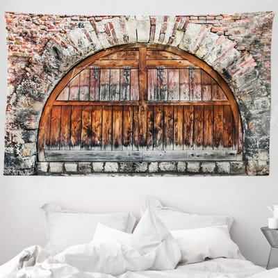 ABAKUHAUS Rustiek wandtapijt en sprei, ovale poort van baksteen en steen, 230 x 140 cm, grijsbruin