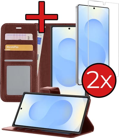 Hoesje - Met 2x Screenprotector - Geschikt voor Samsung Galaxy S25 Ultra - Luxe Pasjeshouder - Flip Case - Bookcase Portemonee - Kunstleer Book Case - Flipcase Hoes - Book Cover - Walletcase - Portemonneehoes - Telefoonhoes - Bruin