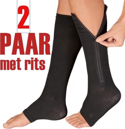 2 Paar Zwarte Compressiekousen met Rits | Steunkousen voor Reizen | Vochtafdrijvend | Bloedcirculatie | L / XL - van Heble®