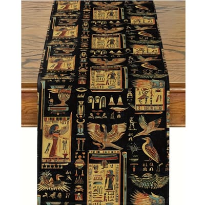 Chemin de table en lin sur le thème égyptien Décoration de fête de fin d'année Symbole hiéroglyphique géométrique Chemin de table de cuisine et de salle à manger pour la décoration de table 150x33cm black