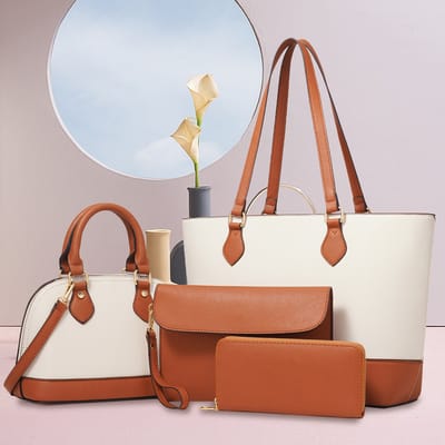REDOM 4-in-1 damestas – PU leren shopper tas – ruime opbergruimte – lichtgewicht ontwerp – geschikt voor dagelijks gebruik en reizen – bruin en wit
