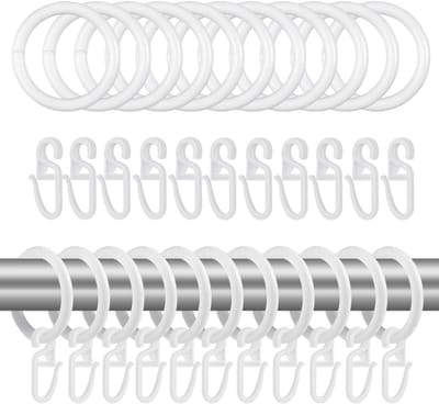 Complete Set van 100 Gordijnringen, 50 Douchegordijnringen en 50 Gordijnhaken, 30mm Binnenmaat, Wit, Kunststof, Afneembaar, Geschikt voor Raamgordijnen, Bedgordijnen en Douchegordijnen