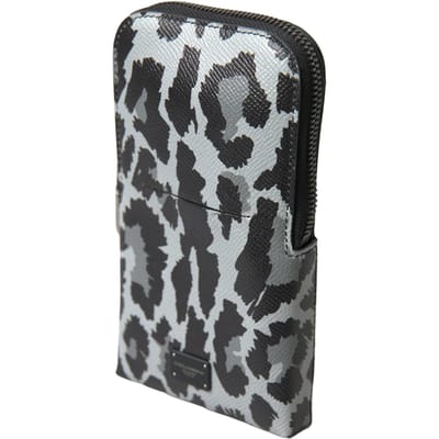Dolce & Gabbana Grijze Luipaard Leder Heren Handtas Schoudertas Telefoon Tas