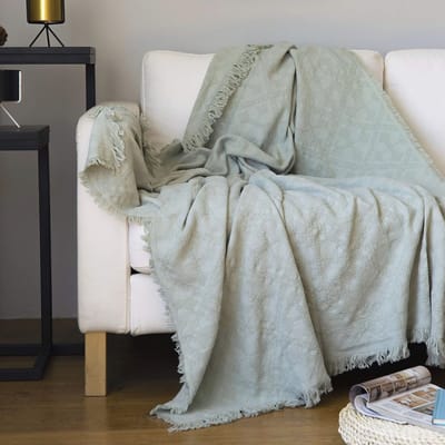 Rustieke katoenen plaid deken met franje - Zacht warm voor slaapbank - 50 x 65 inch - Saliegroen