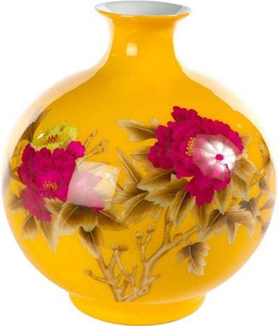Fine Asianliving Chinese Vaas Porselein Handgemaakt Pioenrozen Geel H29.5cm