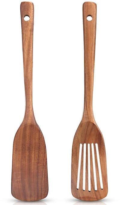 2 stuks houten keukengerei set-acaciahout spatel-bamboe schuimspaan-lange steel kookspatel-voor wok en pannen