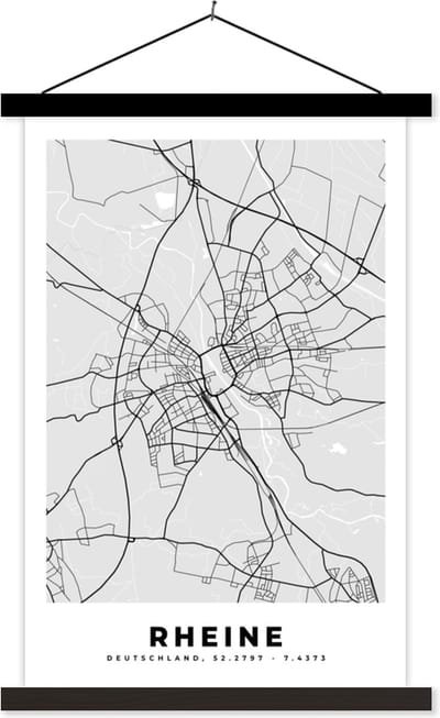 Posterhanger incl. Poster 40x60 cm - Schoolplaat - Plattegrond - Duitsland - Rheine - Stadskaart - Kaart - Textielposter - Zwarte latten - Stadskaart