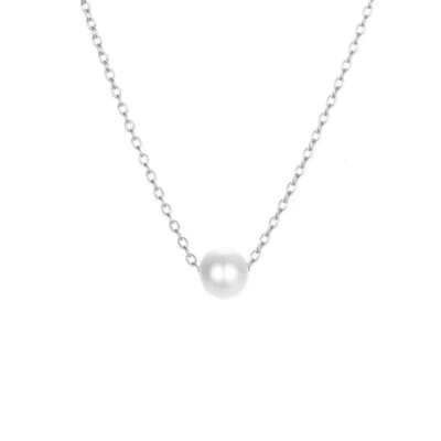 Minimalistische Parel Ketting 42+6 cm – Stainless Steel zilverkleurig – Imitatie Parel - Water & Zweetproof - Schakelketting met hanger - The Jewellery Salon