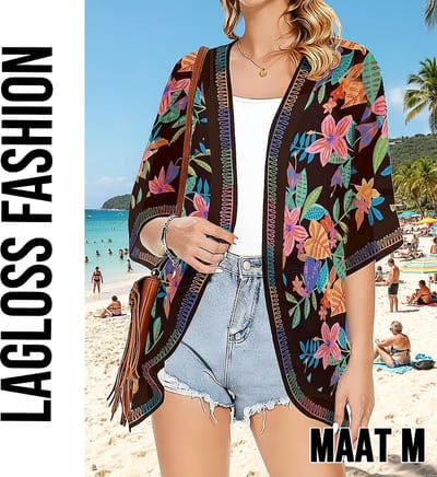 LaGloss® Luxe Bohemian Strand Kimono - Luchtige Dames Cover-Up Zwart met Tropische Bloemenprint – Strandovergooier – Zomer/Lente – Maat M