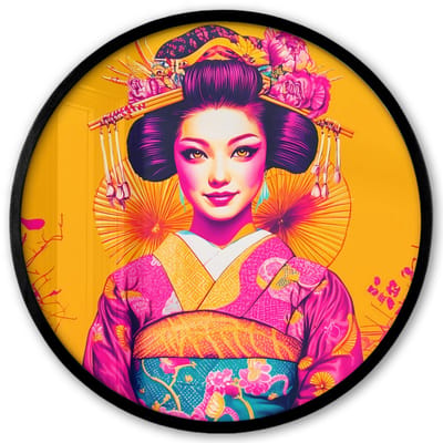 Poster in lijst Rond - Fotolijst 40x40 cm - Posters - Bloemen - Vrouw - Kimono - Roze - Ronde posterlijst zwart - Decoratie - Wanddecoratie woonkamer - Muurdecoratie slaapkamer