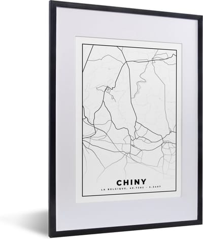 Fotolijst incl. Poster Zwart Wit- Zwart Wit – België – Plattegrond – Stadskaart – Kaart – Chiny - 30x40 cm - Posterlijst