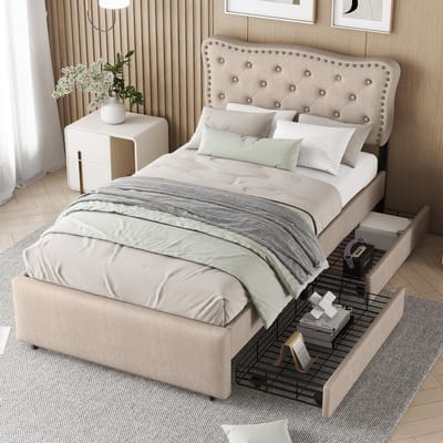 DESMIU Gestoffeerd Bed 90x200 cm Zonder Matras - Verstelbaar Hoofdbord Met Opberglades - Elegant Voor Slaapkamer - Beige Bruin