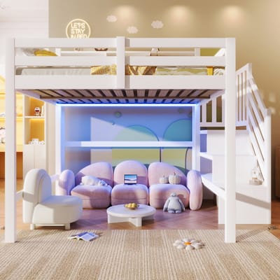 FloraGrace Hoogslaper 140x200 cm - Met Ledverlichting en Opbergtrap - Open Opbergvak - Kinderkamer - Hout - Wit - Zonder Matras
