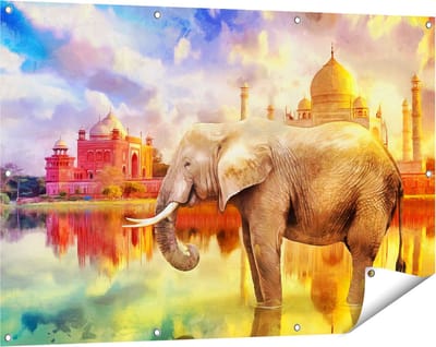 Gards Tuinposter Getekende Olifant bij Taj Mahal - Abstract - 120x80 cm - Tuindoek - Tuindecoratie - Wanddecoratie buiten - Tuinschilderij