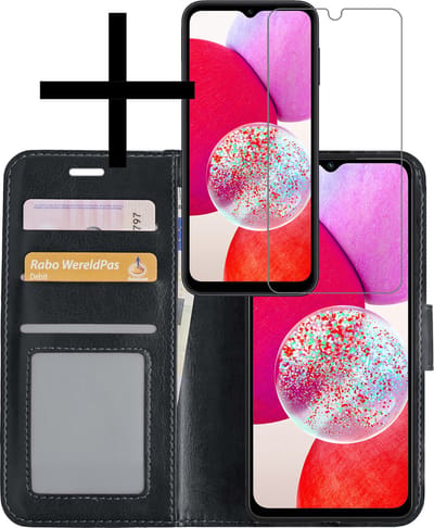 Hoesje - Met Screenprotector - Geschikt voor Samsung Galaxy A14 - Luxe Pasjeshouder - Bookcase Portemonee - Flip Case - Kunstleer Book Case - Flipcase - Book Cover - Walletcase - Portemonneehoes - Zwart