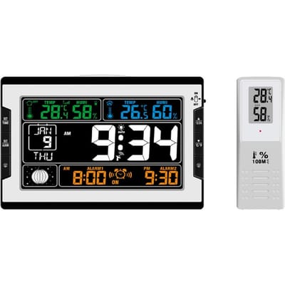 KKmoon binnen- en buitentemperatuur-vochtigheid digitale multifunctionele klok en thermo-hygrometer zwart