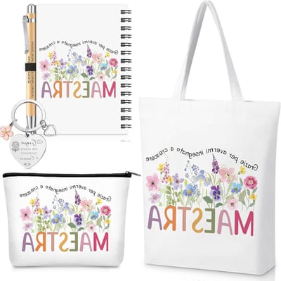 Cadeauset voor de Dag van de Leraar met Canvas Tas, Cosmetische Tas, Sleutelhangertje en Notitieboekje voor Onderwijsprofessionals