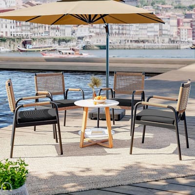 Set van 4 Tuinstoelen inclusief Kussens - Rotan Wicker Balkonstoelen met Metalen Frame - Weerbestendig - Zwart & Bruin
