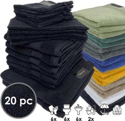 iSleep Terry Badtextiel - Voordeelset (20 delig) - 6x Washandje 16x22 cm - 6x Gastendoekje 30x50 cm - 6x Handdoek 60x110 cm - 2x Badlaken 70x140 cm - Zwart