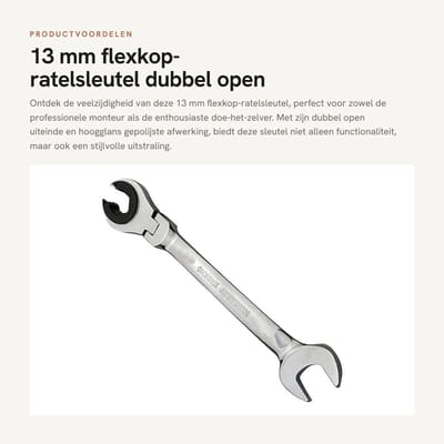 Dailygoods- Flexkop-Ratelsleutel 13 mm - Chroom-vanadium-staal - Hoogglans Gepolijst - Duurzaam - 72-tanden Aandrijving - Professioneel Gebruik