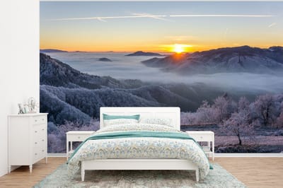 Behang - Fotobehang Winter - Bergen - Zon - Avond - Breedte 295 cm x hoogte 220 cm