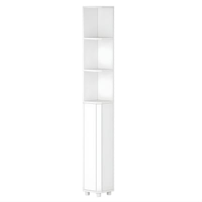 Hoog Badkamerkast – Voor Badkamer – Hoekkast met 3 Open Vakken en 2 Deuren, Vrijstaand Houten Opbergrek – Wit