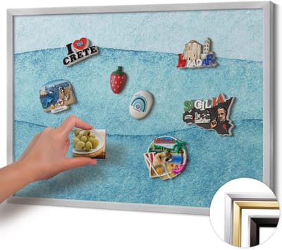 Wallfluent - Blauw Magneetbord Met Decoratieve Patronen - 70 cm x 50 cm - Magneetbord met Zilveren Frame - Aquarelblauwe golven - Memobord Magnetisch - Magnetisch Bord voor aan de Wand - Magnetisch Bord Rechthoekig