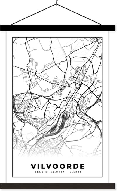 Posterhanger incl. Poster 40x60 cm - Schoolplaat - Stadskaart – Plattegrond – België – Zwart Wit – Vilvoorde – Kaart - Textielposter - Zwarte latten - Stadskaart