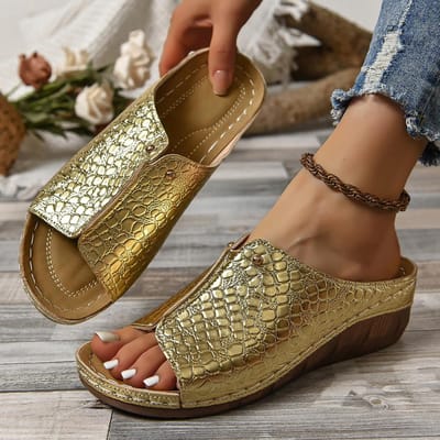 Damesmode Zomer Platform Sandalen Slides Strand Casual Schoenen Open Teen Wedge Slippers Visbek PU Leer Sandalen 36 goud