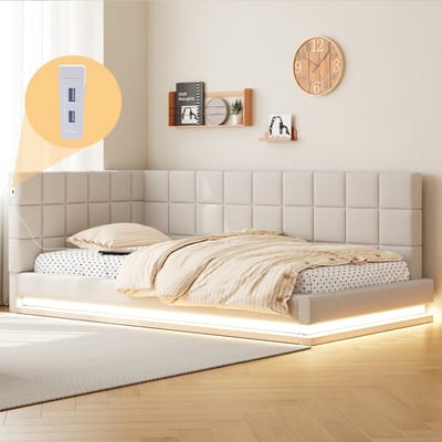 Komhtom Gestoffeerde slaapbank 90*200 Multifunctioneel bed met led-lichtstrip, USB-aansluiting en lattenbodem, aangenaam aanvoelende fluweelstof, beige